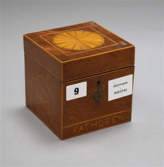 A George III inlaid mahogany cube shaped tea caddy approx 11.5cm sq.